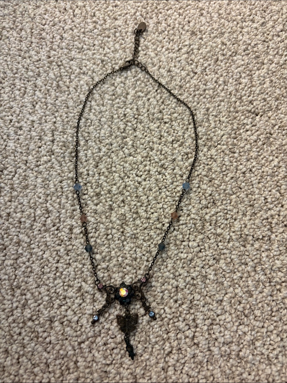 Vintage-Inspired Brass Necklace with Multicolored Crystal Accents